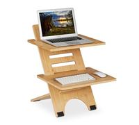Relaxdays Soporte Ordenador de Pie, Altura Regulable, 2 Baldas, Bambú, Accesorio para Escritorios, Oficina, Natural, 61 x 47 x 61 cm