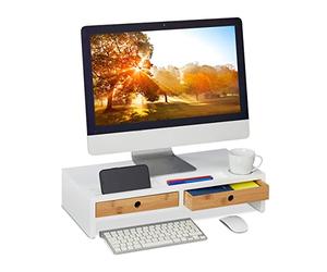 Relaxdays Soporte para Monitor, 2 Cajones, Elevador de Pantalla para Escritorio, 12 x 56 x 27 cm, Bambú y MDF, Blanco