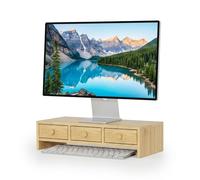 Relaxdays Soporte para Monitor, 3 cajones, 12,5x51x24 cm, MDF, Elevador de Escritorio, Soporte PC, Natural