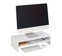 Relaxdays Soporte para Monitor, con Compartimiento, 14,5 x 54 x 25,5 cm, Elevador de Pantalla para Escritorio, Blanco