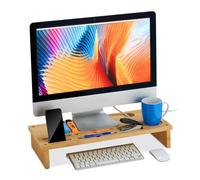 Relaxdays Soporte Monitor Bambú, con Compartimentos, Sobremesa, Elevador Pantalla para Escritorio, 9x54x23 cm, Natural