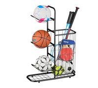 Relaxdays Soporte para Pelotas, 4 Baldas Desmontables, Bolas Baloncesto, Fútbol, Estantes con Cesta, Metal, Negro, Acero, 87 x 60 x 23,5 cm
