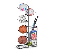Relaxdays Soporte para Pelotas, 6 Baldas Desmontables, Bolas de Baloncesto, Fútbol, Estantes con Cesta, Metal, Negro, Acero, 116 x 60 x 23,5 cm