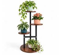 Relaxdays Soporte para plantas, 4 niveles, 53 x 30 x 30 cm, negro/marrón | redondo, estantería de interior para plantas, industrial, metal, MDF, varios niveles