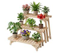 Relaxdays soporte para plantas, juego de 3 pzas., alt. 19,5/33/49 cm, madera de abeto, interior y exterior, natural