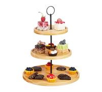 Relaxdays Soporte para Tartas, Bandeja 3 Pisos, Bambú, para Cupcakes y Pasteles, Mango Metal, 36 x 28 cm, Negro/Natural