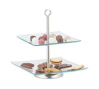 Relaxdays Soporte para Tartas, Cupcakes y Fruta de 2 Pisos, Cristal-acero, Plateado-transparente, 28 x 24,5 x 24,5 cm