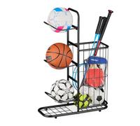 Relaxdays Soporte para Pelotas, 4 Baldas Desmontables, Bolas Baloncesto, Fútbol, Estantes con Cesta, Metal, Negro, Acero, 87 x 60 x 23,5 cm