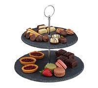 Relaxdays Soporte Tartas, 2 Pisos, Bandejas Pizarra, Expositor Pasteles, Platos Cupcakes, 23x25 cm, Antracita y Plateado