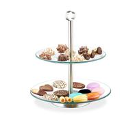 Relaxdays Soporte Tartas 2 Pisos, Bandejas Cupcakes, Plato Galletas, Frutero Vidrio, 28 x 24,5 cm, Transparente/Plateado
