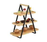 Relaxdays Soporte Tartas, 3 Pisos, Bambú, Metal, Bizcochos, Muffins, Fruta, 42x41x16,5 cm, para Servir, Natural/Negro, Hierro