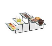 Relaxdays Soporte Tartas, Expositor Pasteles, 3 Niveles, 5 Platos de Vidrio, Hierro, 17,5x46x24,5 cm, Negro/Transparente