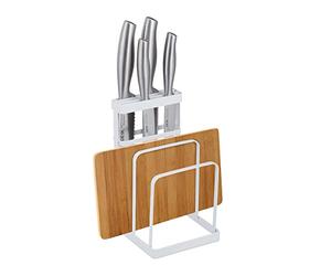 Relaxdays Soportes de Tablas y Cuchillos 2 en 1, Metal, Portatablas de Cocina, Organizador de Sobremesa, Blanco