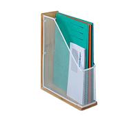 Relaxdays Stehsammler Bambus & Metall Archivador Bambú y Rejilla Metálica, A4 a C4, Organizador Escritorio, Revistero, 33x9x26,5cm, Natural y Blanco, Hierro, 33 x 9 x 26,5 cm