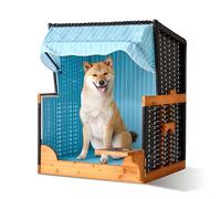 Relaxdays Strandkorb para Perros, ratán, con comedero, con Techo, 95x75x65 cm, jardín/terraza, Madera, Azul Claro