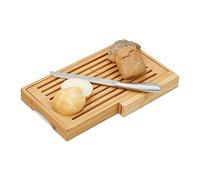 Relaxdays Tabla Cortar Pan con Recogemigas y Cuchillo, Bambú y Acero Inoxidable, Marrón, 4 x 40 x 24 cm