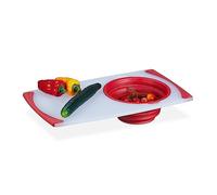 Relaxdays Tabla de Cortar con Colador Plegable, Picar y Escurrir, Plástico, Antideslizante, 50x29cm, Blanco y Rojo