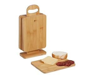 Relaxdays Tabla de Cortar y Servir con Soporte, Pack de 6, Bambú, Bandejas Quesos, 22 x 16 cm, Pan y Desayuno, Natural