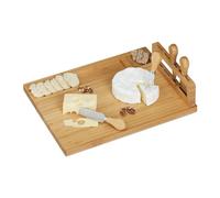 Relaxdays Set Tabla de Quesos con Cubiertos, Bandeja Embutidos y Aperitivos con Tenedor y Cuchillos, Bambú-Acero, Marrón, Inoxidable