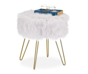 Relaxdays Tabuerete bajo pelo sintético blanco blanco,oro