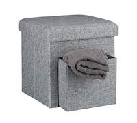 Relaxdays Taburete Almacenaje, Puff Asiento Almacenamiento, Reposapiés, con Tapa y Cajón, Lino, 1 Ud, 38 x 38 cm, Gris