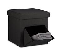 Relaxdays Taburete Almacenaje, Puff Asiento Almacenamiento, Reposapiés, con Tapa y Puerta, Lino, 1 Ud, 38 x 38 cm, Negro