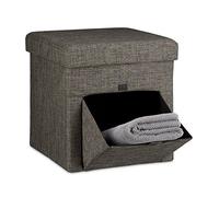 Relaxdays Taburete Almacenaje, Puff Asiento Almacenamiento, Reposapiés, Tapa y Puerta, Lino, 1 Ud, 38 x 38 cm, Marrón