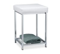 Relaxdays Taburete Bajo Cuadrado Acolchado con Repisa, Hierro y Cuero Sintético, Blanco, 47 x 33 x 33 cm, Acero