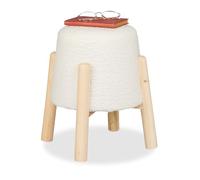 Relaxdays Taburete, Bouclé, Patas de Madera, 40x30 cm, Salón, Puff Peluche, Reposapiés Tapizado Redondo, Blanco/Natural, Poliéster, Tablero de Fibras