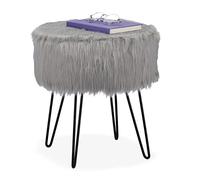 Relaxdays Taburete con Funda de Pelo Suave, Patas Horquilla, Tocador, Salón, Pasillo, Reposapiés 41x37cm, Gris/Negro
