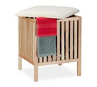 Relaxdays Taburete Cuadrado con Cesto Ropa Sucia, Banco Almacenaje Madera/Tela, Baño 40l, 51x41x41cm, Natural/Blanco