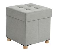 Relaxdays Taburete de Almacenamiento Acolchado en Lino con Patas de Madera, 38x38x38 cm, Gris Claro
