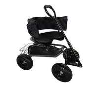 Taburete de jardín rodante Relaxdays, Ajustable en Altura, 150 kg, almacenaje, Manillar, cojín, Respaldo, Negro