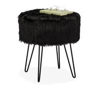 Relaxdays Taburete Pelo Sintético, Asiento Diseño Nórdico, Patas Horquilla, Tocador, Salón, Reposapiés 41 x 37 cm, Negro, Tablero de Fibras