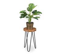 Relaxdays Taburete para Plantas, Madera de Acacia, Redondo, para Macetas, Soporte Flores Retro 42x25 cm, Marrón/Negro, Hierro