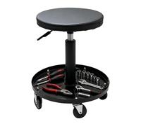 Relaxdays Taburete de Taller, Ajustable en Altura, Bandeja, 5 Ruedas, Negro | 42-56x38 cm, metal