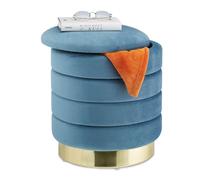 Relaxdays Taburete con Almacenaje, Otomana Redonda, Banqueta Tapizada Terciopelo, Elegante, 43,5x39 cm, Petróleo/Dorado, Tablero de Fibras