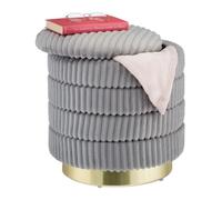 Relaxdays Taburete Tapizado, Otomana Pana Aterciopelada, Redondo, Base Metal, con Almacenaje, 43,5x41 cm, Gris/Dorado, Tablero de Fibras