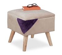 Relaxdays Taburete de Terciopelo con Sitio de Almacenaje, Acolchado, Cuadrado, Patas Madera, 40x40x40 cm, Crema