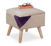 Relaxdays Taburete de Terciopelo con Sitio de Almacenaje, Acolchado, Cuadrado, Patas Madera, 40x40x40 cm, Crema