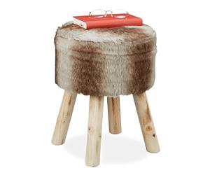 Relaxdays Taburete Decorativo, Pelo Sintético, Banqueta con Patas de Madera, Redondo, Rústico, 42 x 33 cm, Gris/Marrón