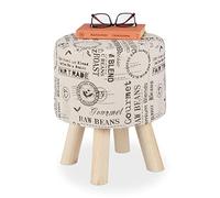 Relaxdays Taburete, Funda de Tela, Patas de Madera, Acolchado, Banqueta Redonda, Salón, Estampado Café, 38x32 cm, Crema