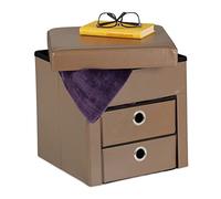 Relaxdays Taburete Plegable con Tapa, Reposapiés con 2 Cajones, Plegable, Acolchado, Cuadrado, 38 x 38 x 38 cm, Taupé