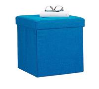 Relaxdays Taburete Plegable, Reposapiés Cuadrado, Tapa extraíble, Lino, 38x38x38 cm, Azul