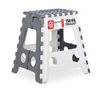 Relaxdays Taburete Plegable XL, 1 Escalón, Banqueta con Asa, hasta 150 kg, Plástico, 39 x 39 x 32 cm, Gris/Blanco, 1 Unidad