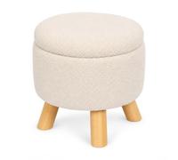 Relaxdays Taburete redondo con almacenaje, tejido teddy, crema | Al x ø 30 x 33 cm, patas de madera, bouclé