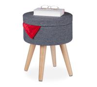 Relaxdays Redondo Taburete con Patas de Madera y Función de Mesa, Tapa Acolchada, con Almacenaje, 45,5 x 37 cm, Gris y Natural, Tablero de Fibras