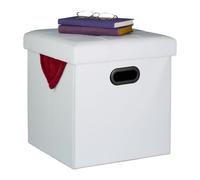 Relaxdays Taburete Reposapiés con Almacenaje, con Tapa, Asas, Piel Sintética, Acolchado, Plegable, 39x37x37 cm, Blanco