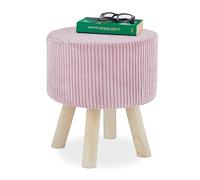 Relaxdays Taburete Terciopelo, Redondo, Mini Reposapiés, Acolchado, 4 Patas Madera, Banqueta Pana, 41 x 37 cm, Rosa