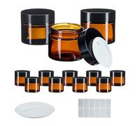 Relaxdays Tarros Crema, Set 12, 60 ml, Vidrio Ámbar, Botes Cosméticos con Tapa Rosca, Etiquetas, Vacíos, Marrón/Negro